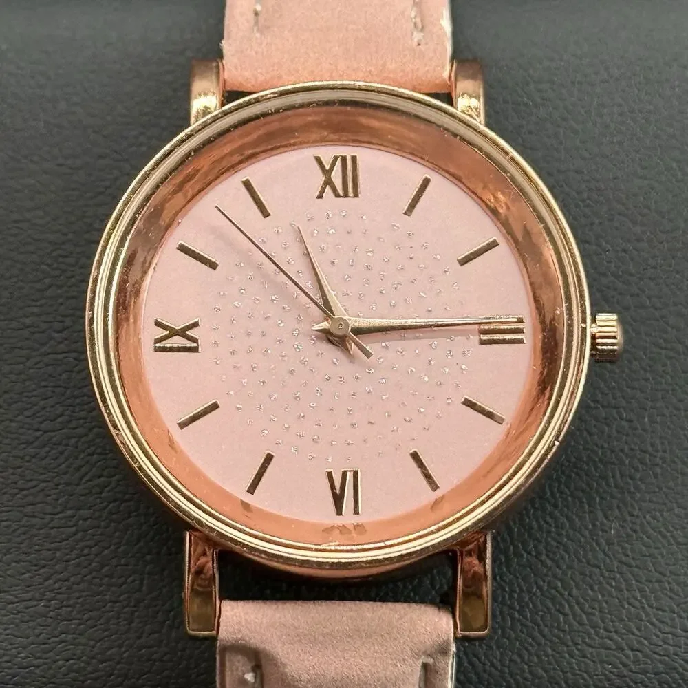 Women’s Pink Watch and Charm Bracelet 2pc Gift Set Rose Gold Tone Casual Quartz